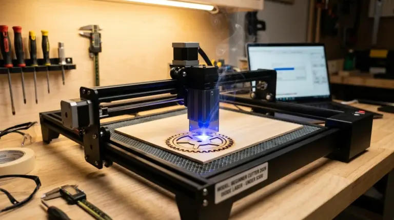 Budget diode laser engraver cutting 3mm basswood sheet, showing clean kerf and light-colored wood surface