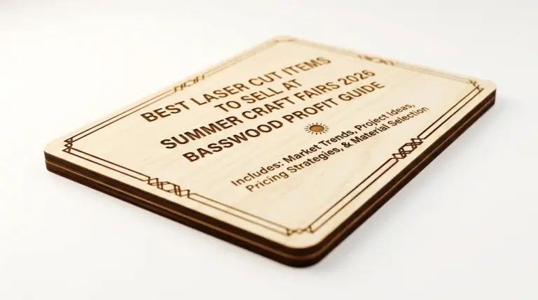 Collection of laser cut basswood items including keychains, ornaments, coasters, and pet tags on a workshop table