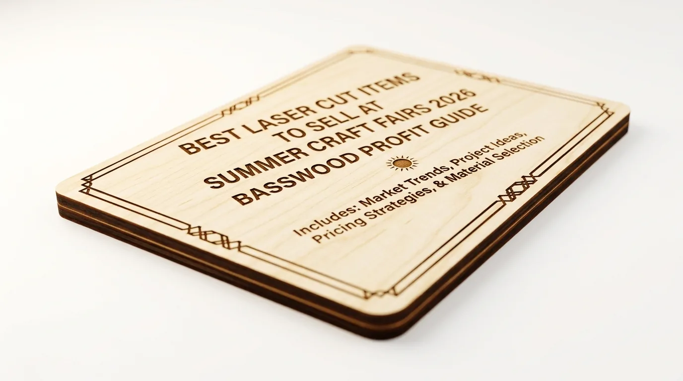 Collection of laser cut basswood items including keychains, ornaments, coasters, and pet tags on a workshop table