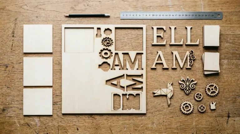 Laser engraver cutting 3mm basswood sheet with visible beam and smoke extraction