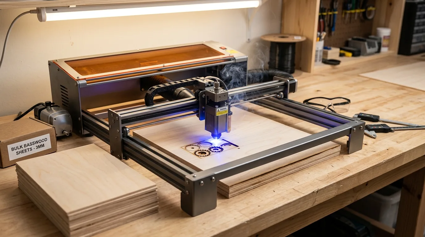 Stack of 3mm basswood sheets next to laser engraver cutting clean kerf lines in cream-colored wood