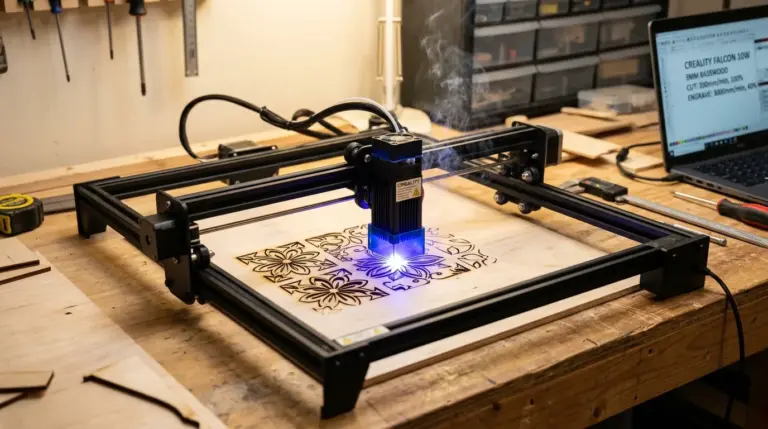 Creality Falcon 10W laser engraver cutting 3mm basswood sheet with air assist nozzle visible