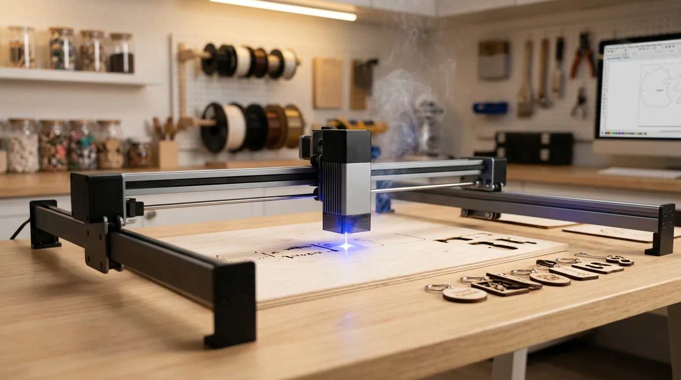 Laser cut items made from 3mm basswood on workshop table, showing ornaments, signs, and keychains with clean edges