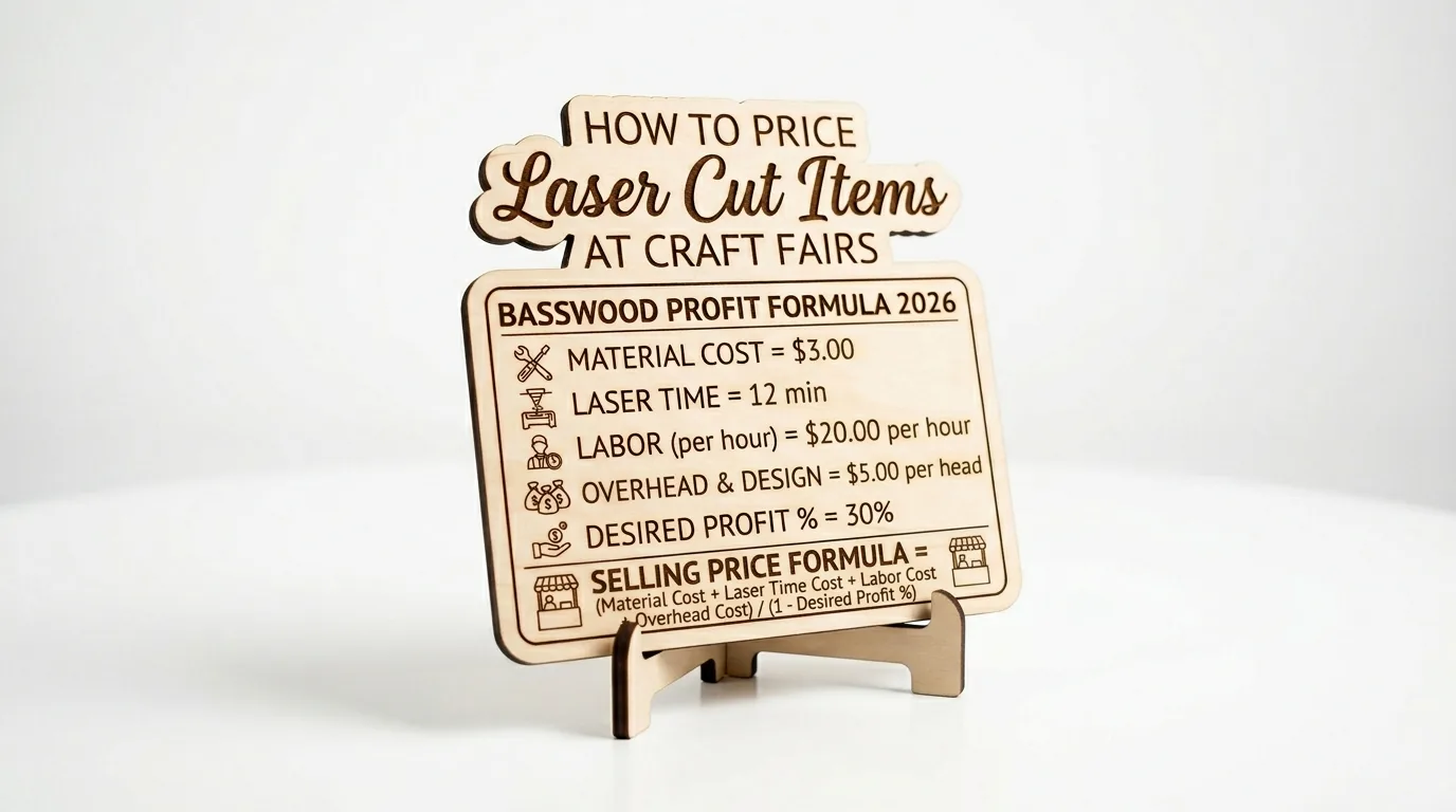 Laser cut basswood items displayed on a craft fair table showing coasters, keychains, and wooden signs with price tags