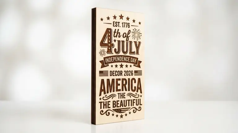 4th of July porch signs made from 3mm basswood laser cut on workshop table