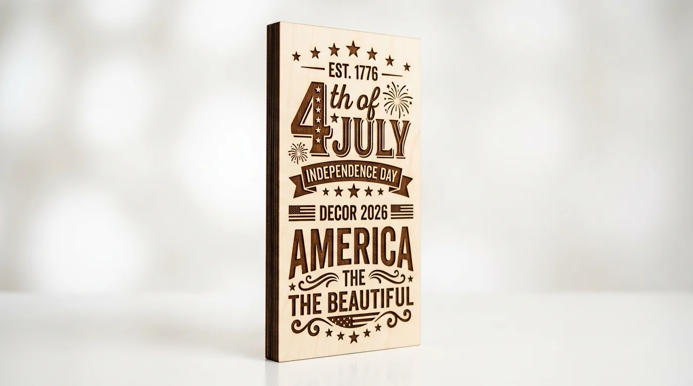 4th of July porch signs made from 3mm basswood laser cut on workshop table