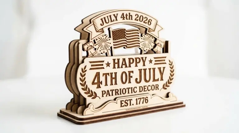 Laser cut 4th of July table centerpieces made from 3mm basswood displayed on a festive table with red, white, and blue accents