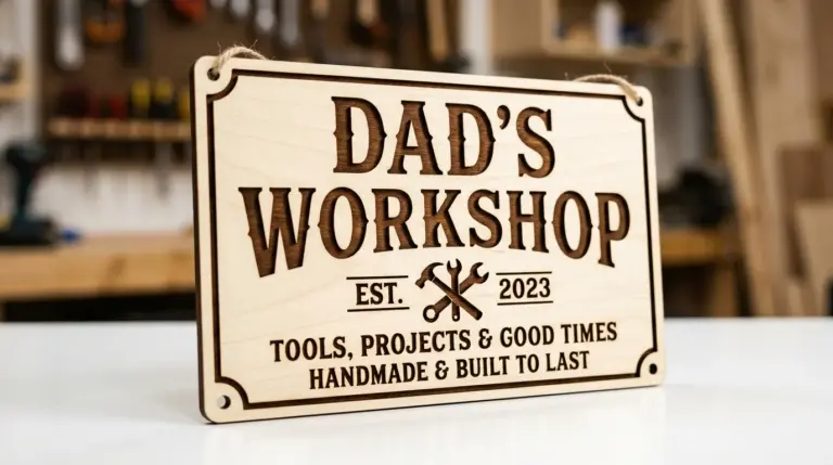 Personalized laser cut dad workshop sign made from 3mm basswood mounted on garage wall