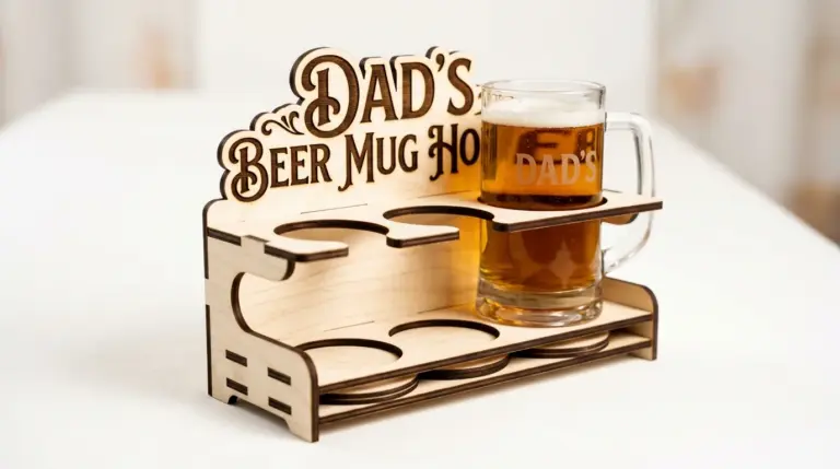 Finished laser cut dad's beer mug holder made from 3mm basswood on workshop table with personalized engraving