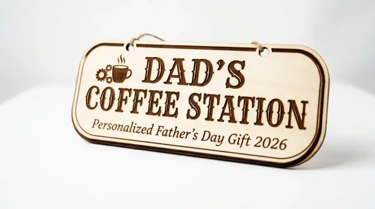 Personalized laser-cut coffee station sign made from 3mm basswood, displayed on kitchen wall above coffee maker