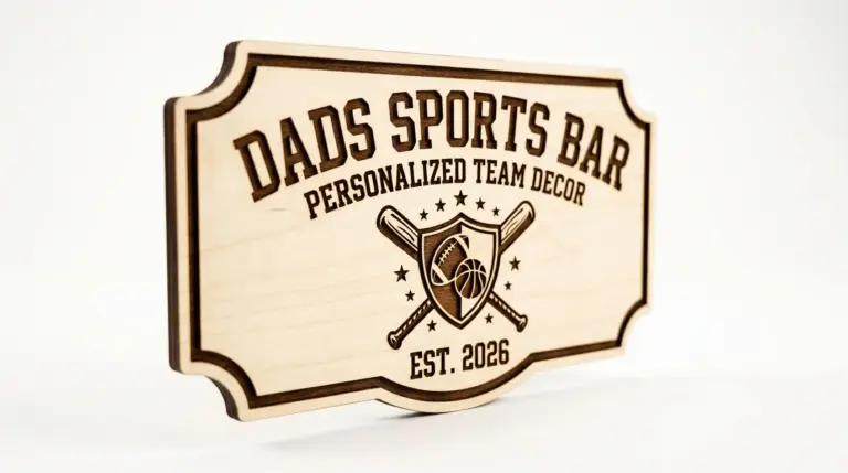 Personalized laser cut sports bar sign made from 3mm basswood on workshop table, featuring team logo and dad's name