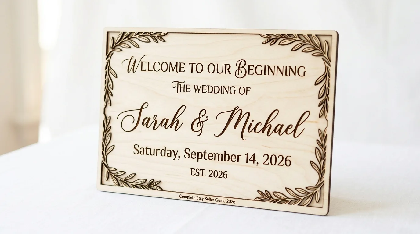 Laser-cut wedding welcome sign made from 3mm basswood displayed on white workshop table with personalized names and wedding date
