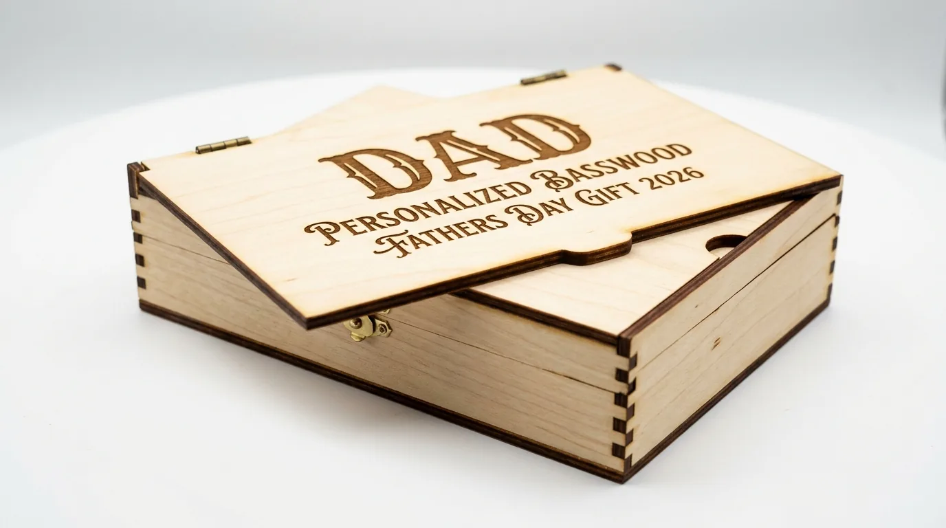 Laser-engraved personalized cigar box made from 3mm basswood with father's name engraved on lid, sitting on workshop table with laser cutter in background