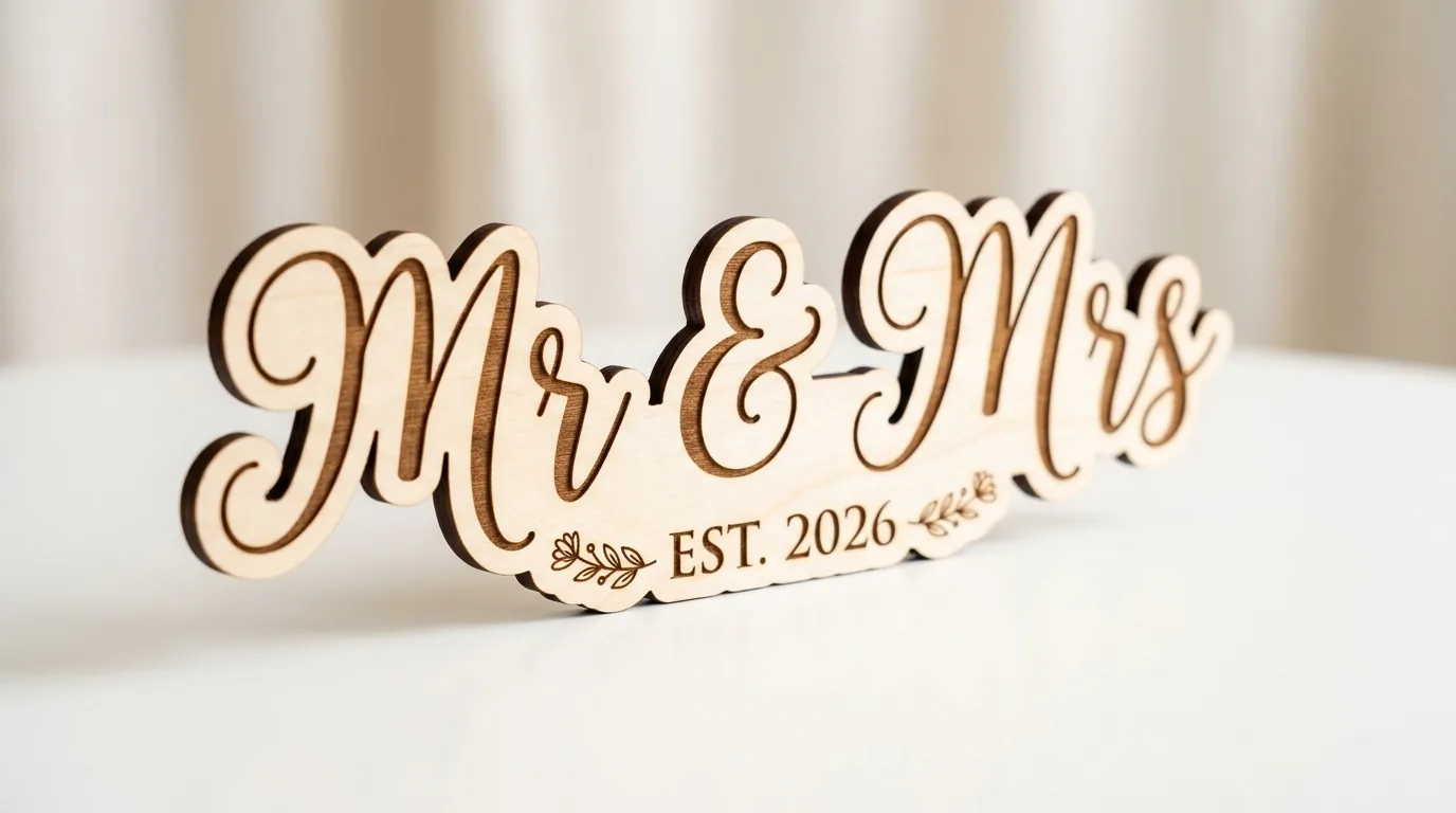 Finished laser-cut Mr and Mrs signs made from 3mm basswood on a workshop table ready to ship