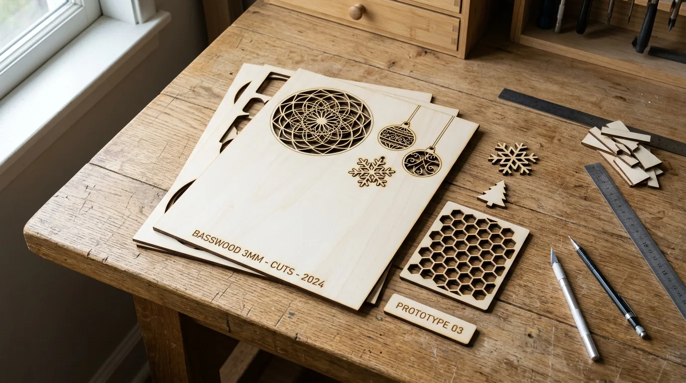 Laser cutter focused on 3mm basswood sheet, showing dark laser-cut edge and clean kerf line