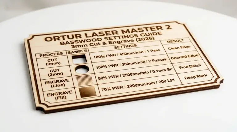 Ortur Laser Master 2 laser engraver cutting 3mm basswood sheet with clean kerf