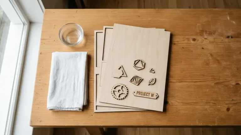Clean basswood sheets with no burn marks next to white vinegar cleaning solution on workshop table