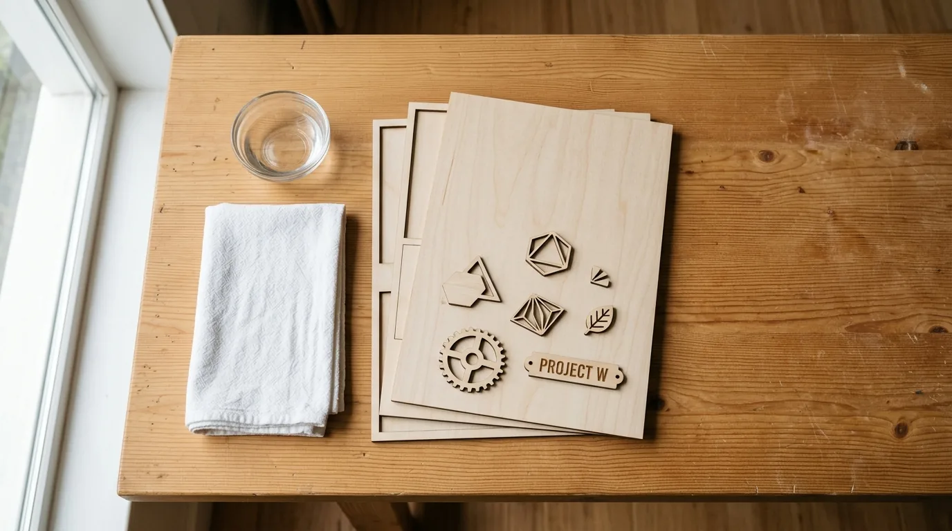 Clean basswood sheets with no burn marks next to white vinegar cleaning solution on workshop table