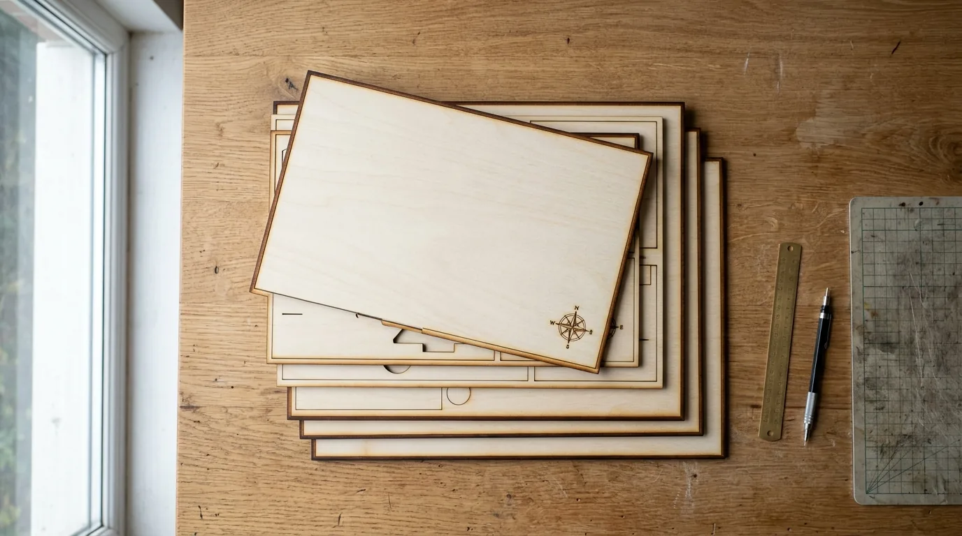 Crafteker 12-pack basswood sheets stacked on workshop table next to laser engraver