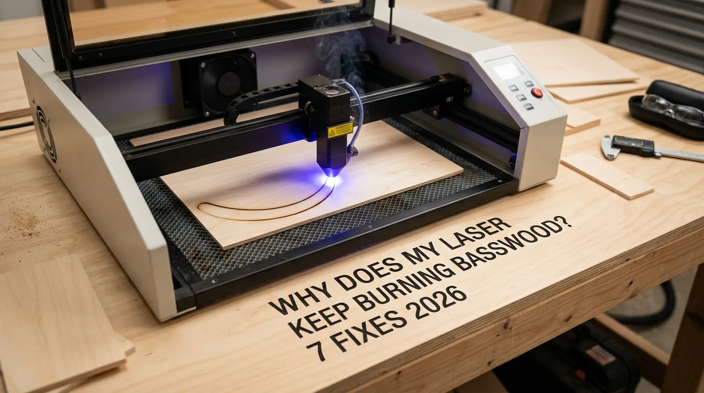 Laser engraver cutting 3mm basswood sheet with visible air assist and clean kerf