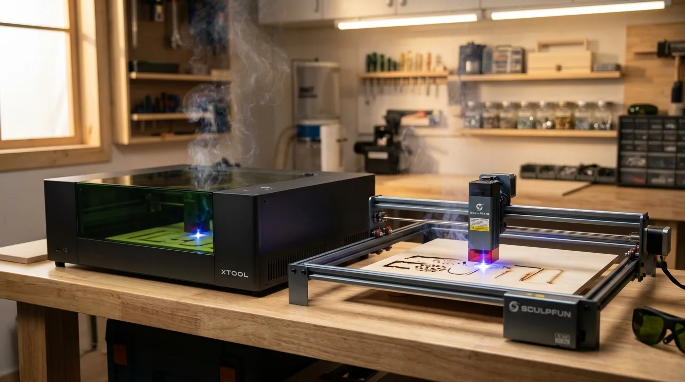 Sculpfun S30 Pro Max diode laser cutting through 3mm basswood sheet with visible air assist plume