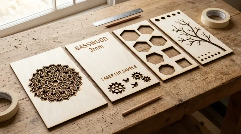CO2 laser engraver cutting 3mm basswood sheet with clean dark brown kerf line