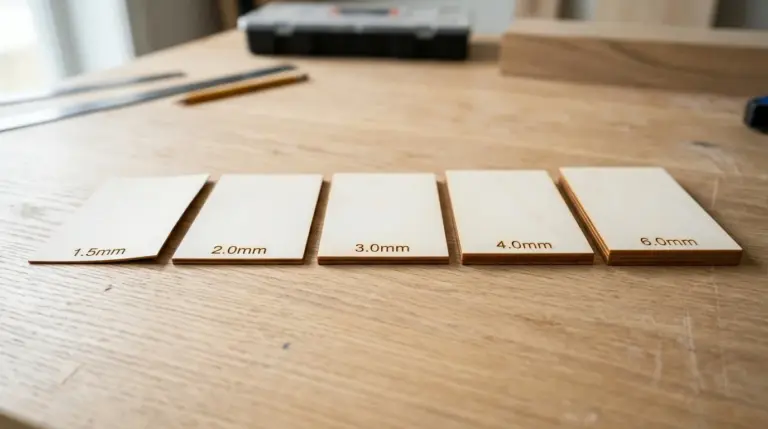 Flat-lay of five basswood plywood sheets arranged side by side in increasing thickness from 1.5mm to 6mm, showing visible depth differences