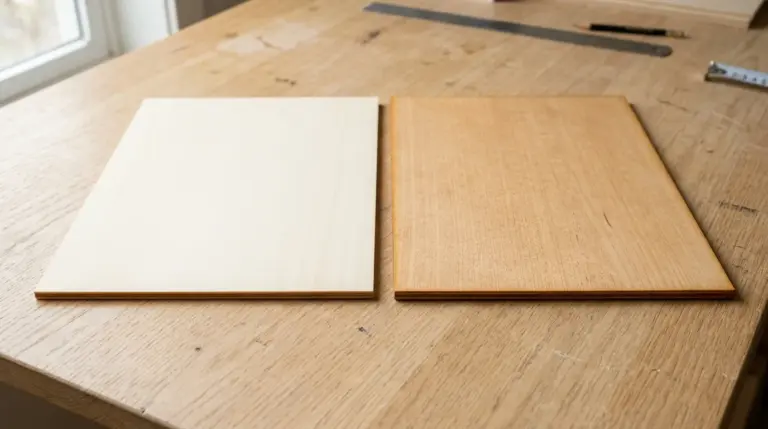 Side-by-side comparison of 3mm basswood and 3mm hard maple sheets after laser cutting, showing edge color and char difference