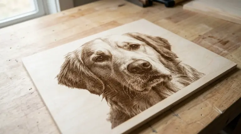 3mm basswood sheet with photo-engraved dog portrait showing dithered dot pattern, pale ivory surface with honey-brown to dark-brown tonal range, no charring or active laser