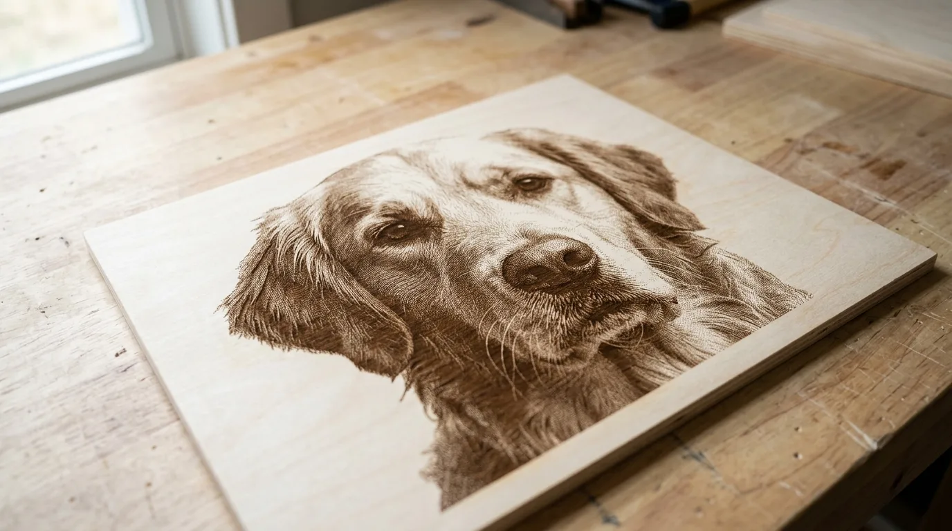 3mm basswood sheet with photo-engraved dog portrait showing dithered dot pattern, pale ivory surface with honey-brown to dark-brown tonal range, no charring or active laser