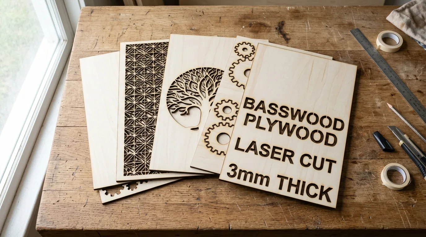 Laser engraver cutting 3mm basswood sheet with visible air assist plume and clean kerf
