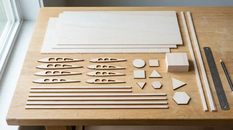Pale balsa wood sheets and laser-cut model airplane rib shapes laid out on a workshop table, showing light cream surface and honey-tan laser-cut edges