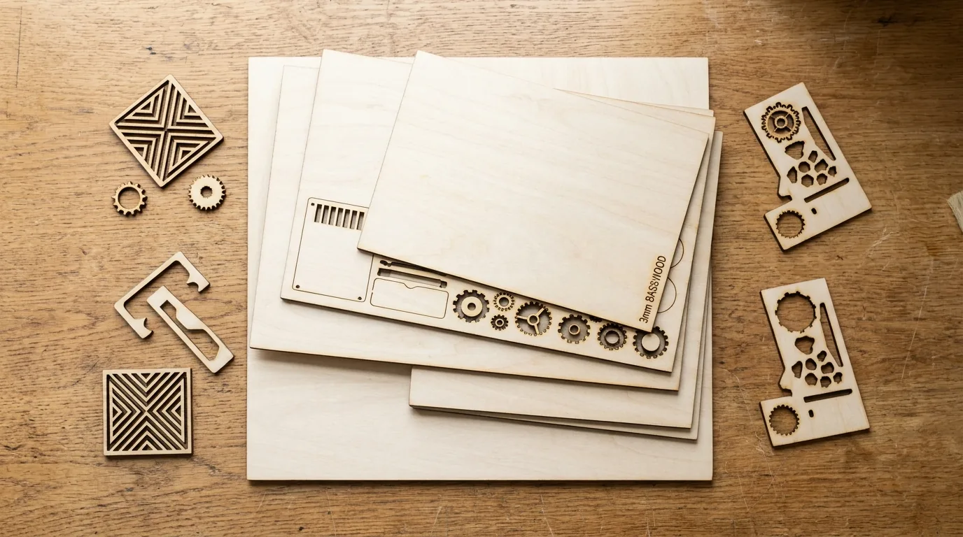 Close-up of laser-cut finger joints in 3mm basswood showing precise kerf and tight press-fit assembly