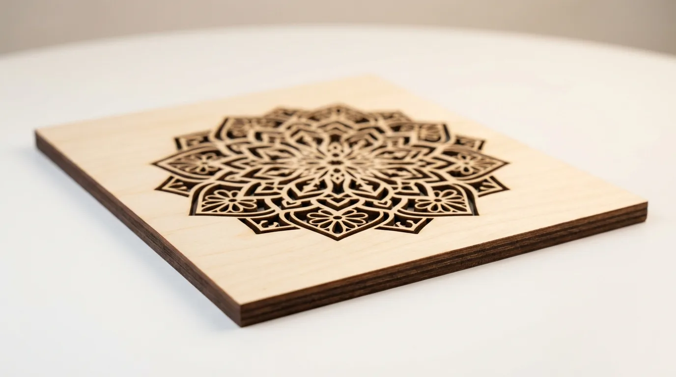 Three samples of 3mm wood sheets - basswood, Baltic birch, and MDF - showing laser-cut edges and pale, consistent surface