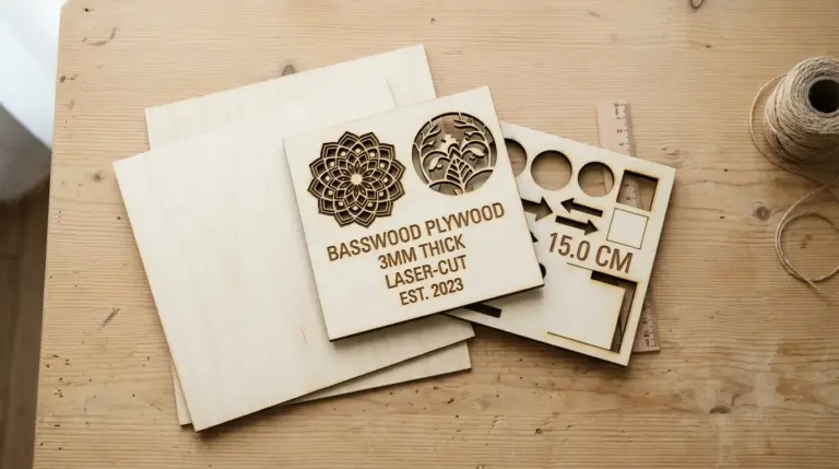 Laser engraver mid-cut on 3mm basswood sheet, showing clean edges and active cooling fan