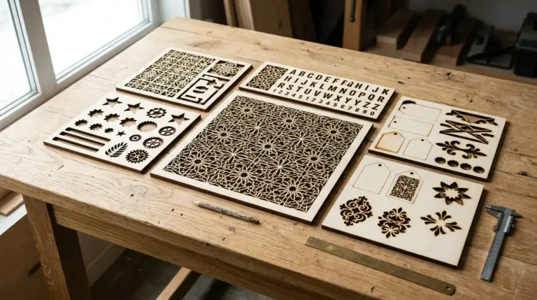 Completed laser test card showing grid of cut cells at varying speeds and power settings on 3mm basswood