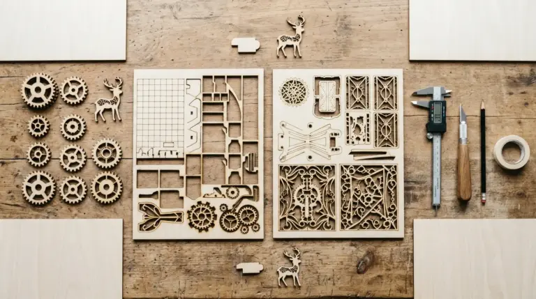 Personalized coasters and wooden signs made from laser-engraved 3mm basswood on a workshop table