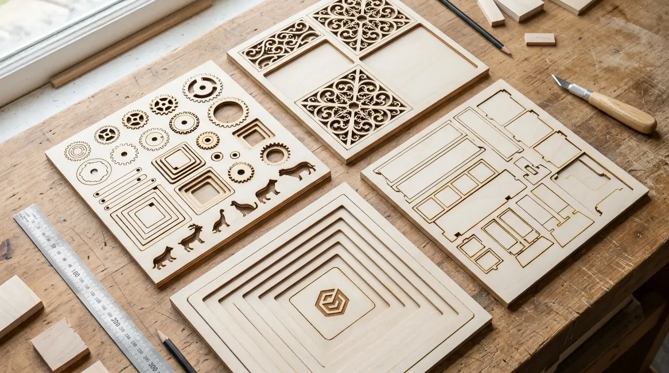 3mm basswood sheet with application tape applied, ready for laser engraving, sitting in a workspace next to a CO2 laser