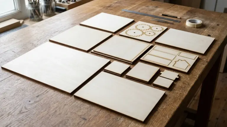 Before and after: 3mm basswood sheet with laser-cut edges, left side showing dark char stains, right side cleaned with magic eraser