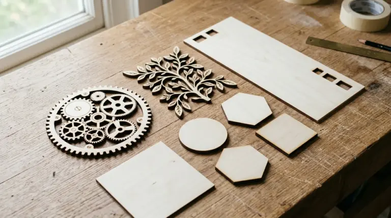 Comparison of laser-cut edges: jet-black flaky edge (treated wood) vs. pale cream edge (untreated basswood)