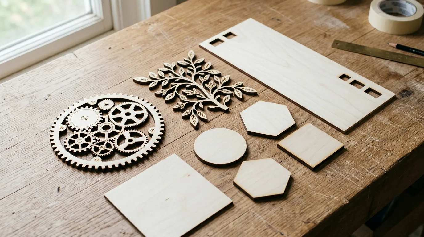 Comparison of laser-cut edges: jet-black flaky edge (treated wood) vs. pale cream edge (untreated basswood)