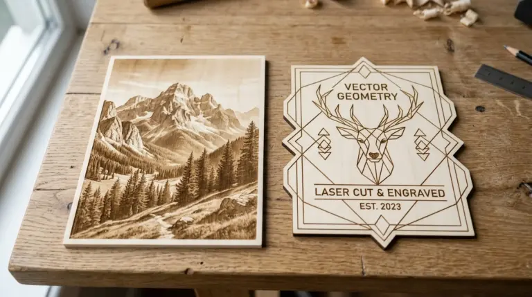 Side-by-side comparison of 3mm basswood pieces: left shows raster-engraved photo with smooth tonal shading, right shows crisp vector-cut text and line art