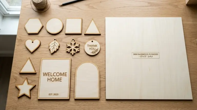 Flat lay of laser-cut wood shape blanks - small ornaments, tags, and simple geometric shapes - arranged on a light wood workshop table next to a 12x12 inch sheet of pale cream basswood