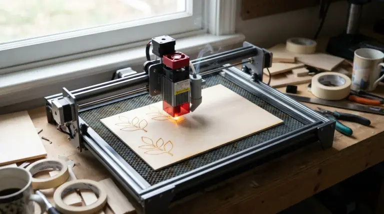 30-40W diode laser engraver paused mid-cut on a 3mm basswood sheet in a workshop