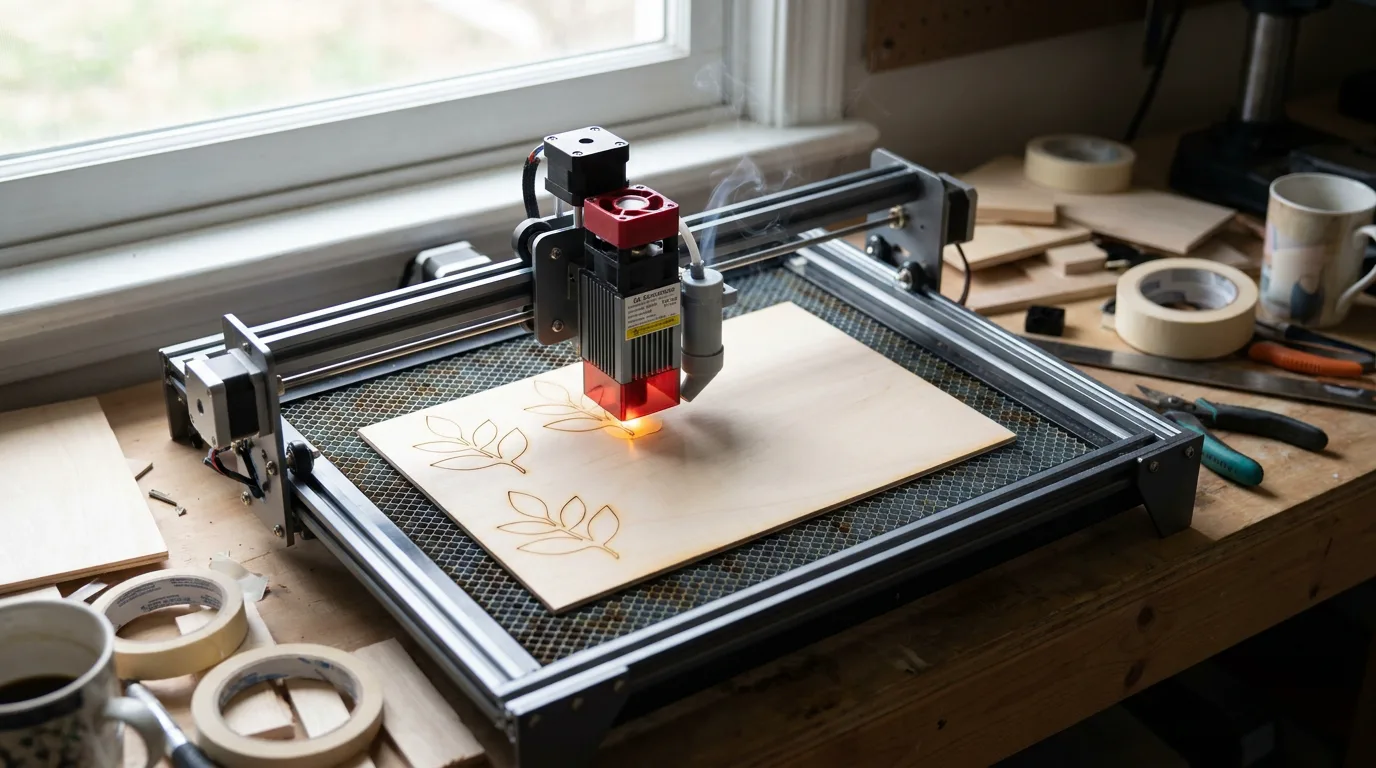 30-40W diode laser engraver paused mid-cut on a 3mm basswood sheet in a workshop