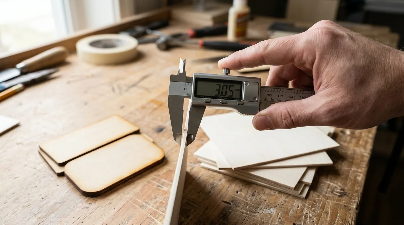 Digital calipers measuring the thickness of a 3mm basswood sheet on a workbench