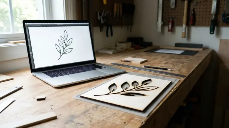 Laptop screen showing simple black-and-white AI-generated line art next to finished laser-cut basswood piece with matching design on workshop table