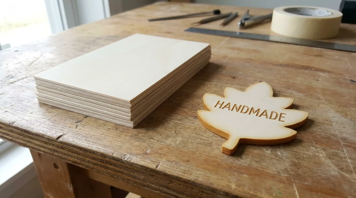 Stack of flat uncut 3mm basswood sheets next to a finished laser-cut basswood sign on a workshop table