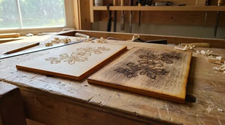 Two laser-engraved basswood plywood pieces side by side, one on the smoother front face and one on the rougher back face, showing an engrave contrast difference
