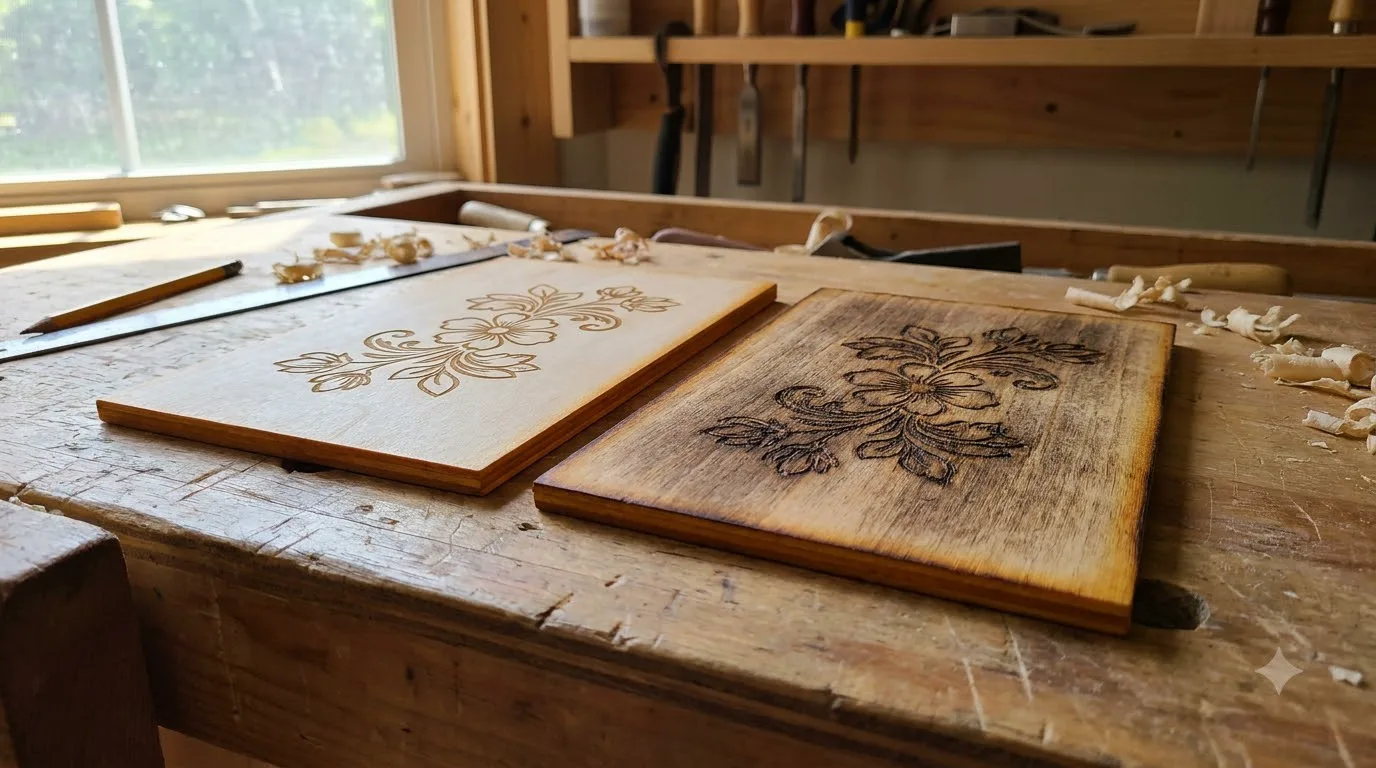 Two laser-engraved basswood plywood pieces side by side, one on the smoother front face and one on the rougher back face, showing an engrave contrast difference